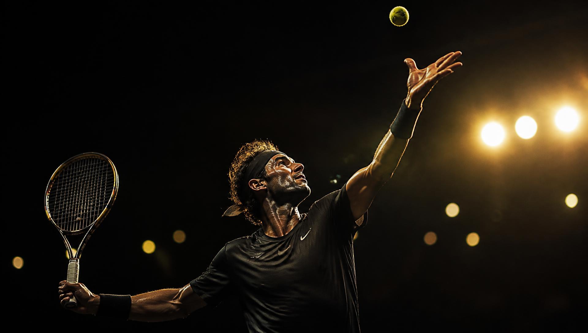 Competitive tennis player serving under stadium lights